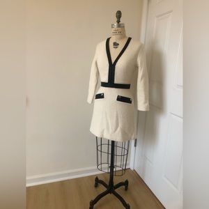 Popular Style! Maje Cream Boucle Mini Dress with black leather detail